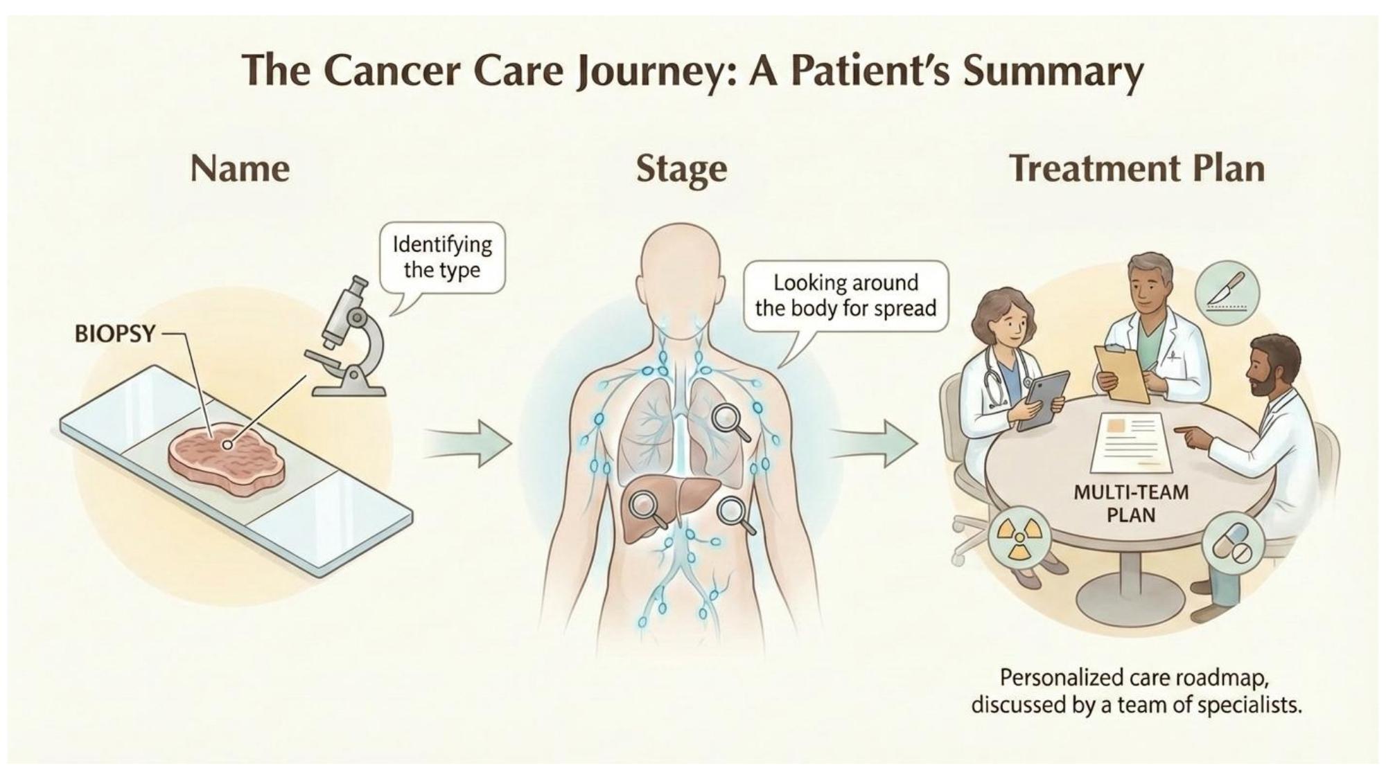 Cancer care journey: three-column flow from biopsy to staging to treatment planning