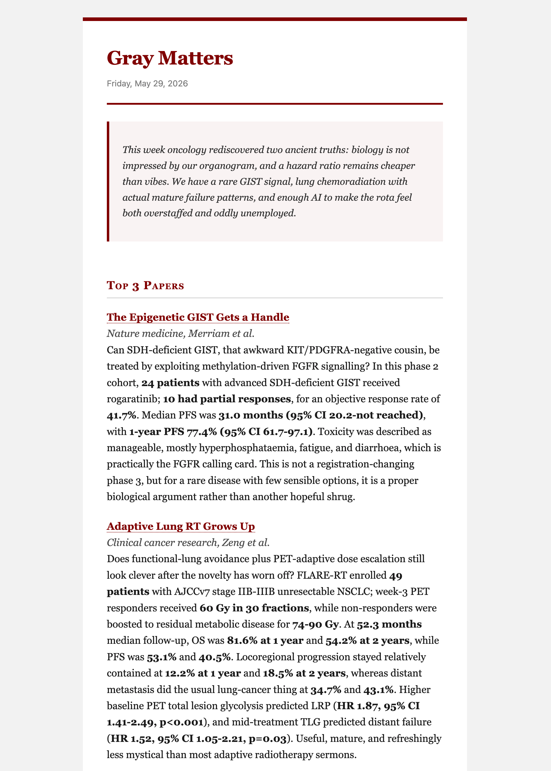 Example HTML scientific newsletter output with top papers and summarized clinical evidence